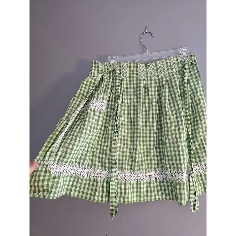Vintage Green White Gingham Embroidered‎ Grannycore Half Apron Womans One Size